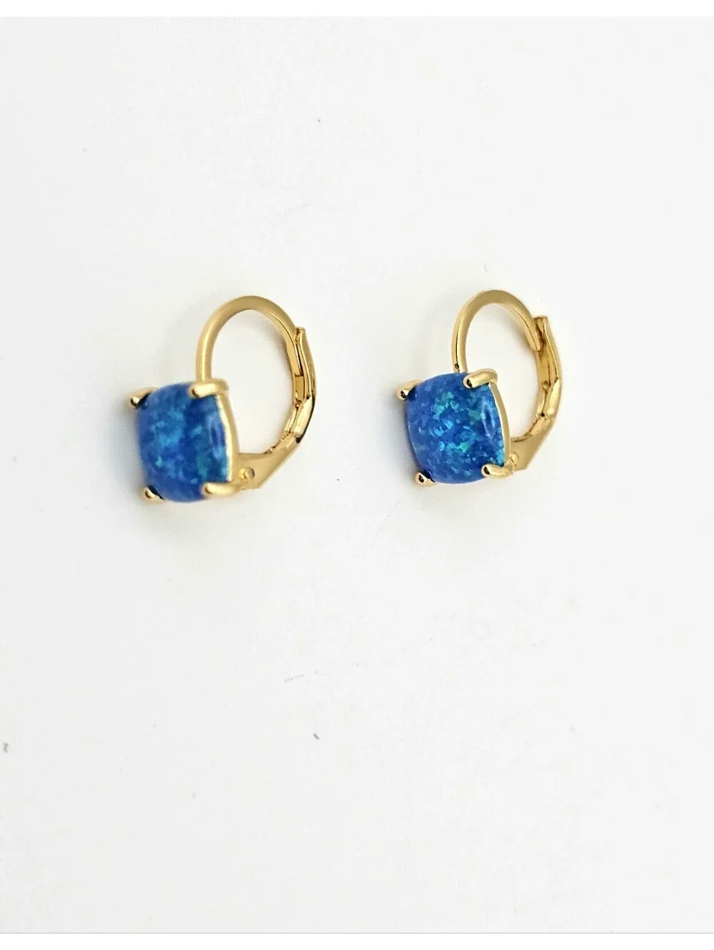 Stunning Lab Blue Fire Opal Earrings Gold-plated Leverback Huggies